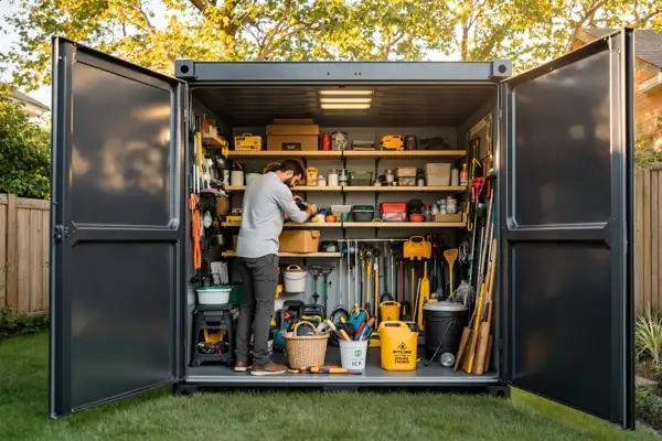 Homeowner storing furniture and renovation materials in a flat pack container