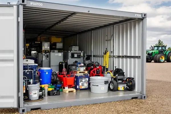 Flat pack storage container used for industrial, agricultural, and property maintenance supplies