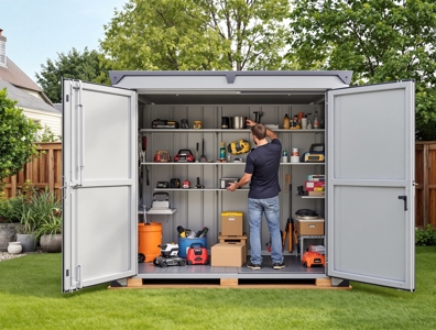 Assembled flat pack storage container in a backyard, shelved and in use