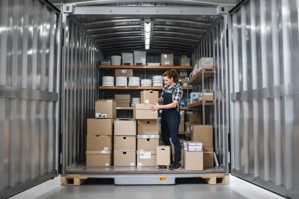 Small business owner organising inventory inside a steel storage container